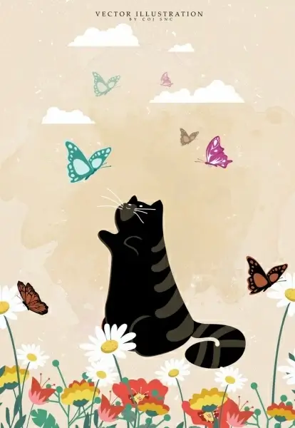 animal background black cat butterflies icons decor
