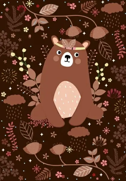 animal background brown bear icon leaves decoration