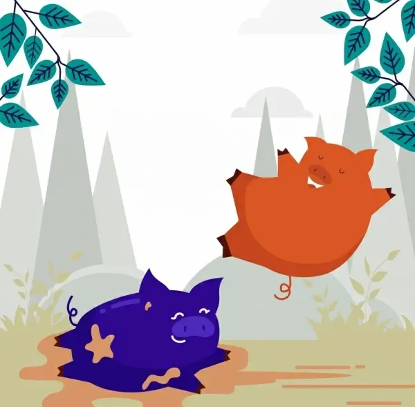 animal background joyful pigs icon colored cartoon design