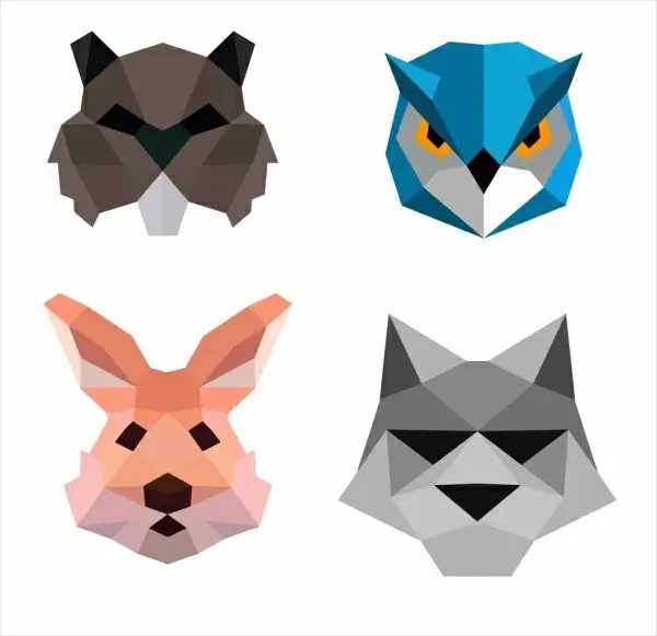 animal face icons isolation colored polygon decor