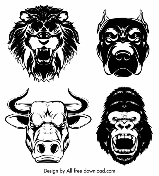 animal head icons black silhouette sketch