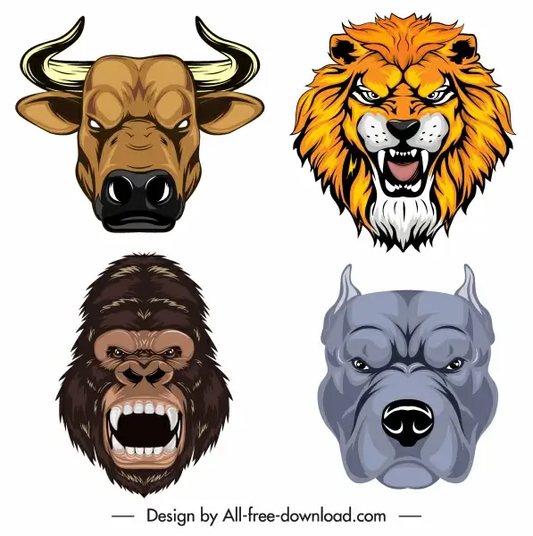 animal head icons buffalo lion gorilla bulldog sketch