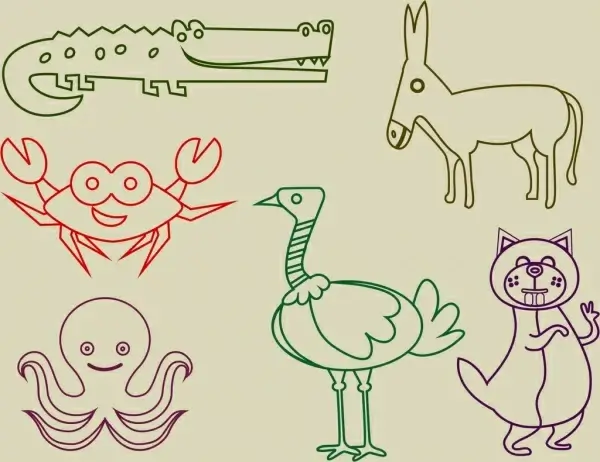 animal icons outline colored flat hand drawn style
