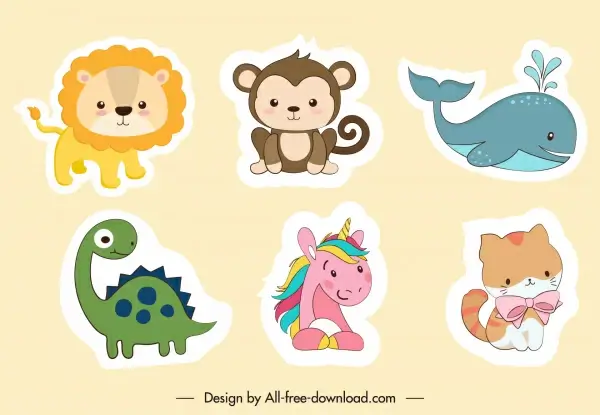 animal stickers cute cartoon sketch flat design