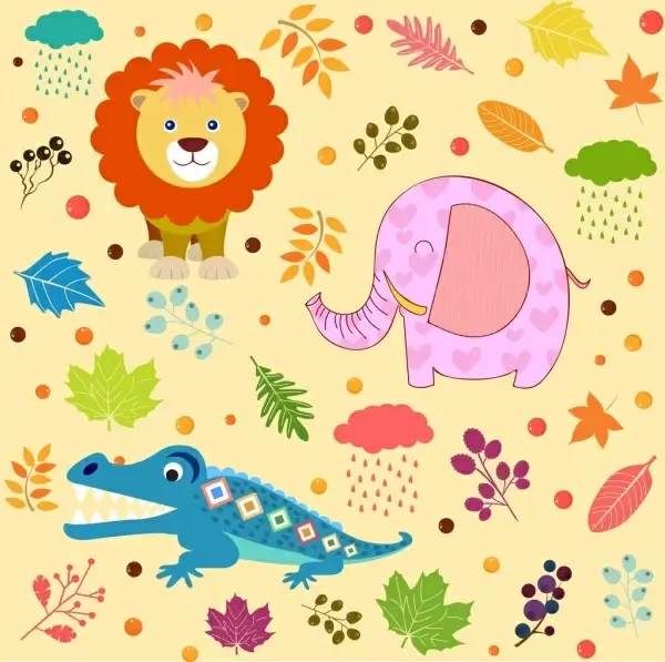 animals background lion elephant crocodile icons multicolored flat