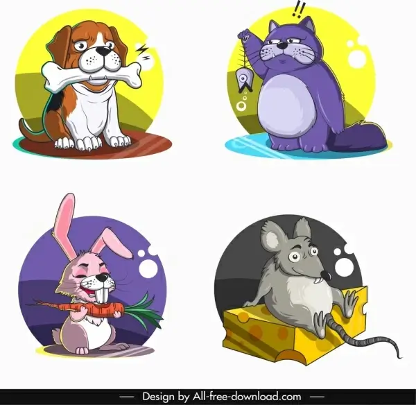 animals icons cat dog rabbit mouse characters sketch