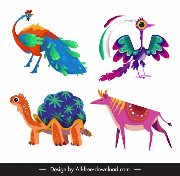 animals icons colorful cartoon peafowl turtle reindeer sketch