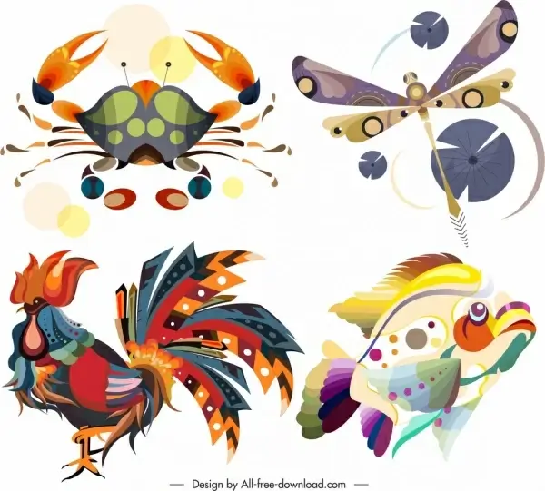 animals icons colorful crab dragonfly fish cock sketch