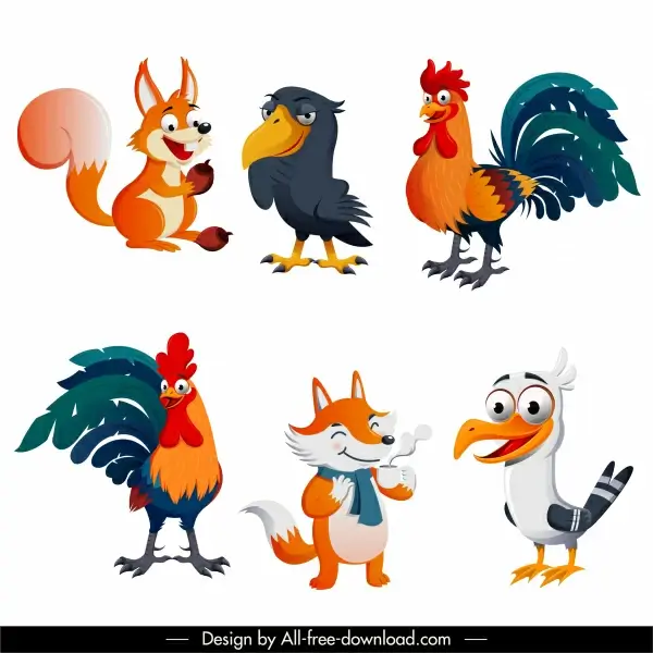 animals icons cute cartoon characters sketch