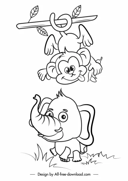 animals icons cute handdrawn monkey elephant sketch