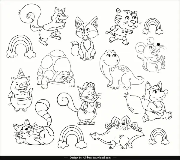 animals icons cute stylized cartoon sketch handdrawn design