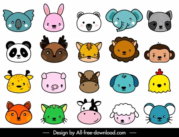 animals icons faces sketch cute cartoon design