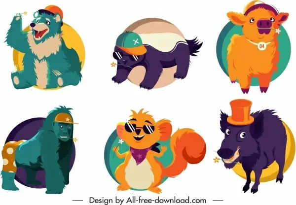 animals icons funny cute cartoon sketch