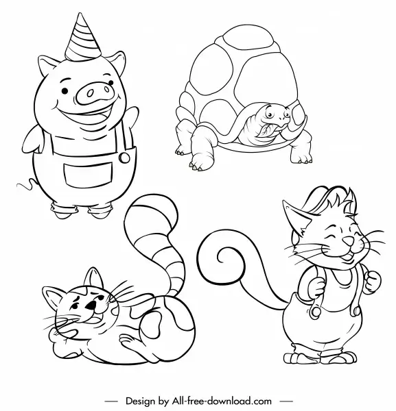 animals icons handdrawn pig fox cat turtle sketch
