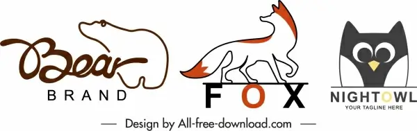 animals logotypes bear fox owl sketch handdrawn flat