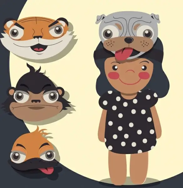 animals masks icons colored cartoon design