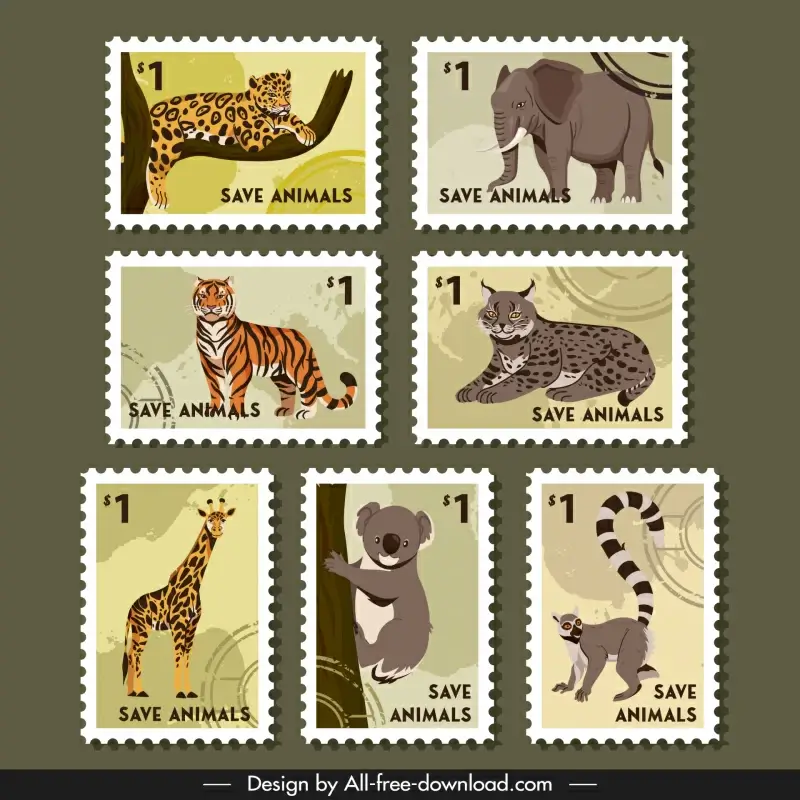 animals save stamps collection retro design wild species sketch 