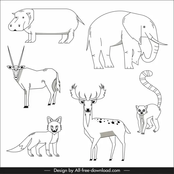 animals species icons black white design handdrawn sketch