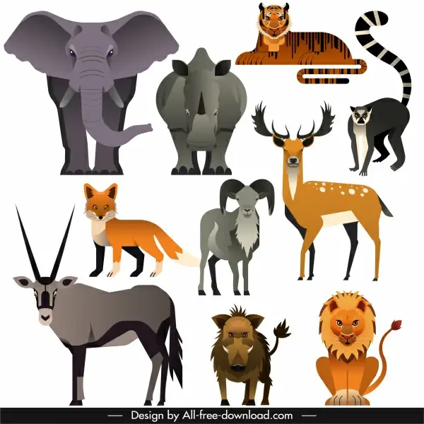 animals species icons colored classic flat sketch