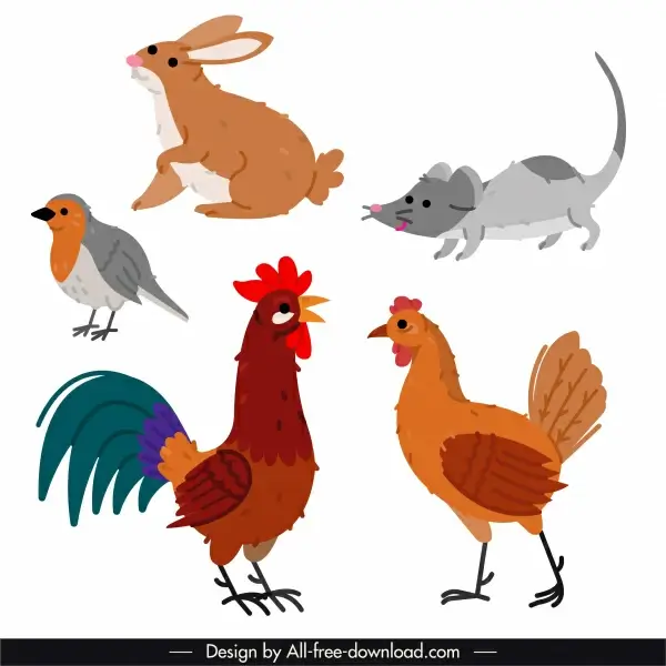animals species icons colorful flat handdrawn outline