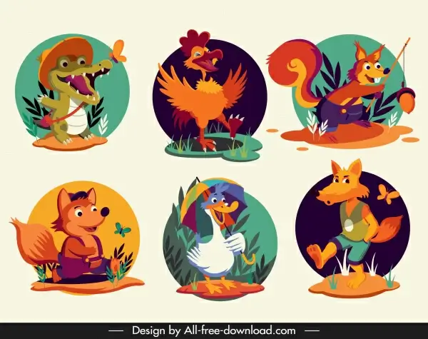 animals species icons stylized cartoon characters sketch