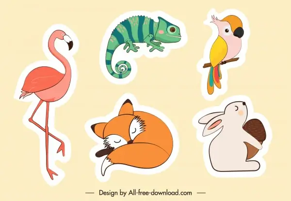 animals stickers flamingo parrot rabbit fox salamander sketch