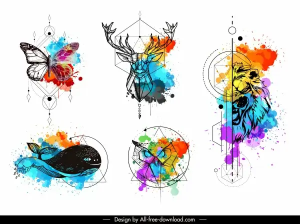 animals tattoo templates colorful grunge polygonal handdrawn sketch