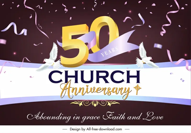 anniversary of a club in church banner template modern dynamic confetti number ribbon doves decor