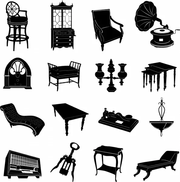 vintage furnitures icons black white 3d sketch
