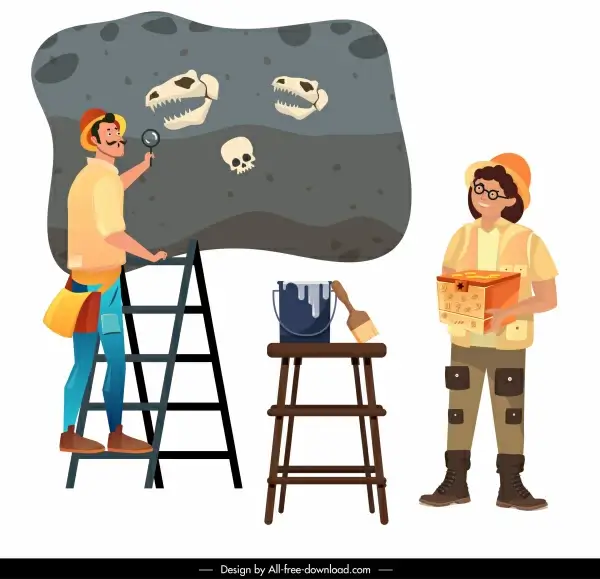 archaeologist work icons explorer dinosaur fossil cartoon sketch