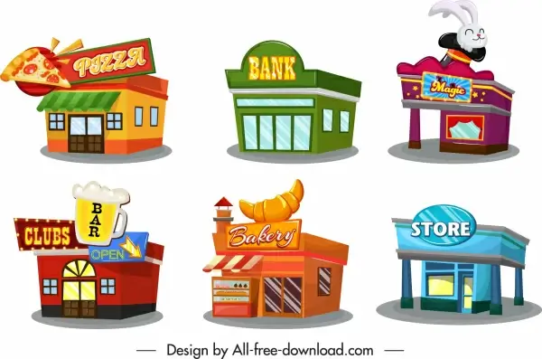 architecture icons colorful stores offices sketch 3d design