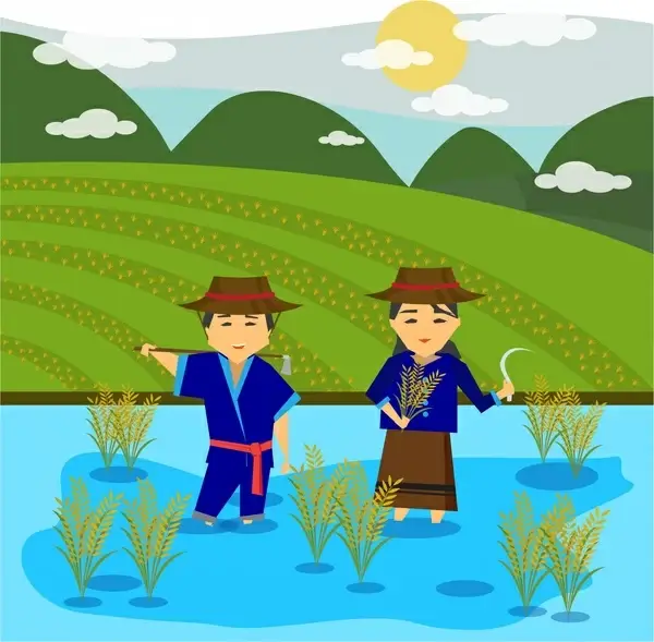 asian farmers drawing design with rice field