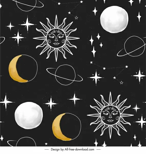 astrology pattern template repeating planets sketch dark handdrawn