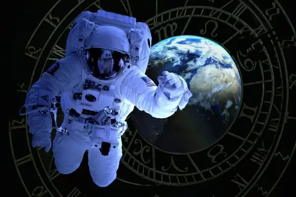 astronaut on earth and vintage words background
