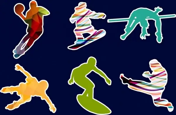 athletes icons collection multicolored silhouette decoration