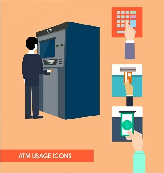 atm usage icons illustration with money withdrawal steps