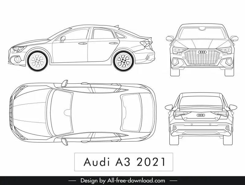 audi a3 2021 car model template flat black white handdrawn different views sketch