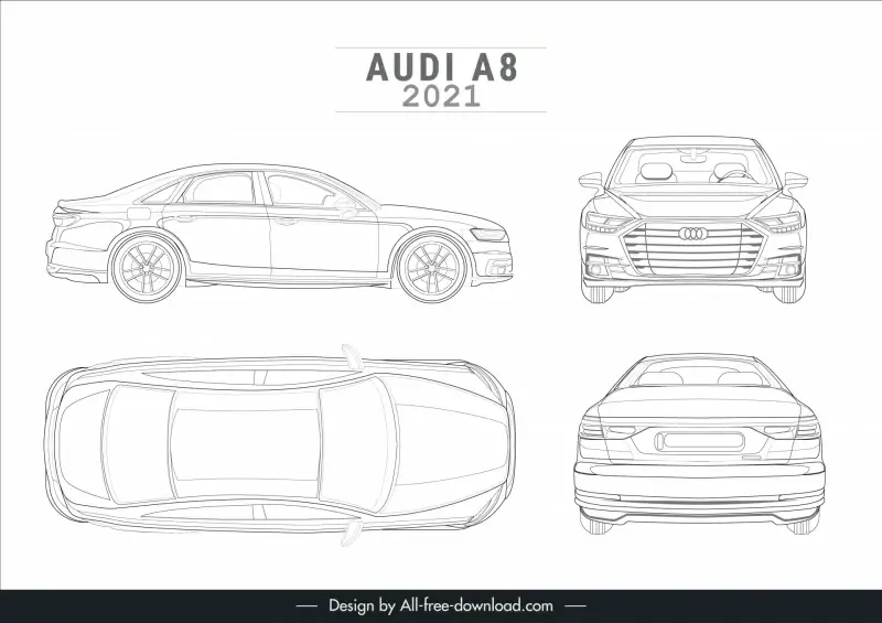 audi a8 2021 lineart template flat black white handdrawn different views sketch