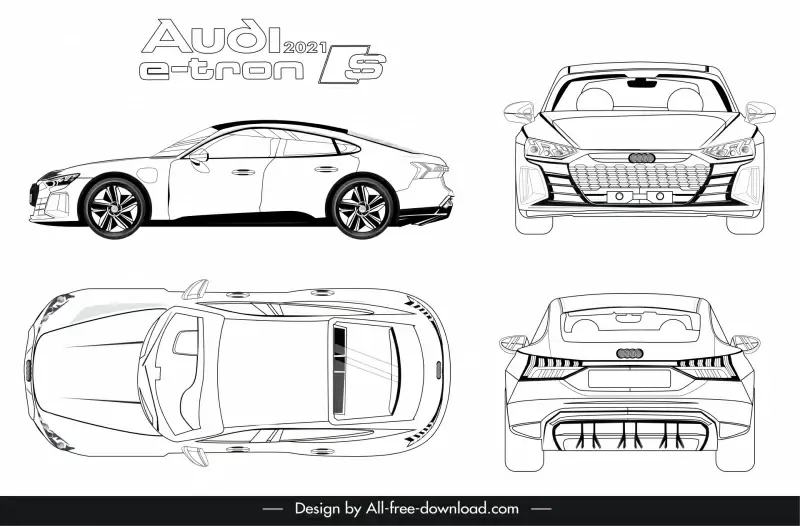audi e tron 2021 car model icons flat black white different views outline