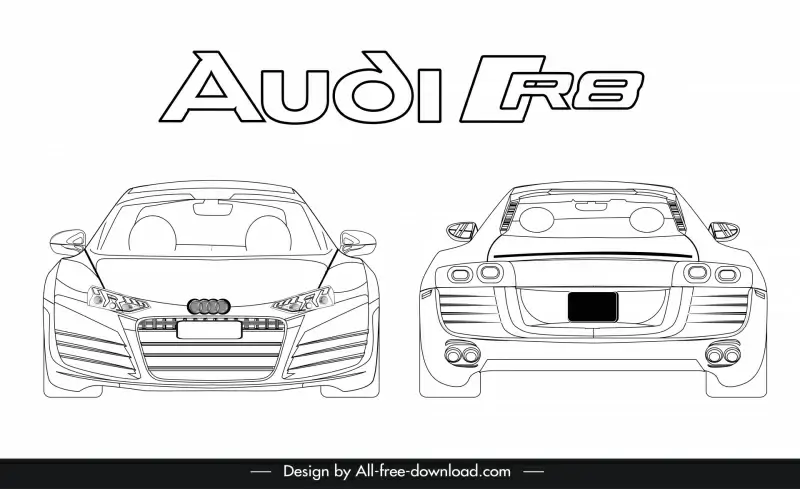 audi r8 2021 car advertising template black white flat back view front view outline 