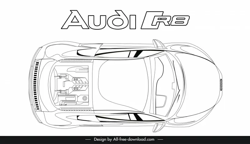audi r8 2021 car model icon flat black white handdrawn top view outline 