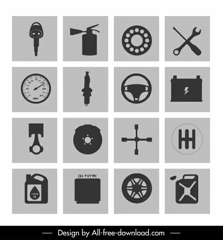 auto parts icons flat silhouette isolation sketch