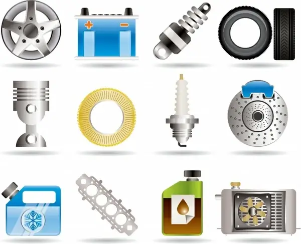 automotive parts icons colored modern flat design