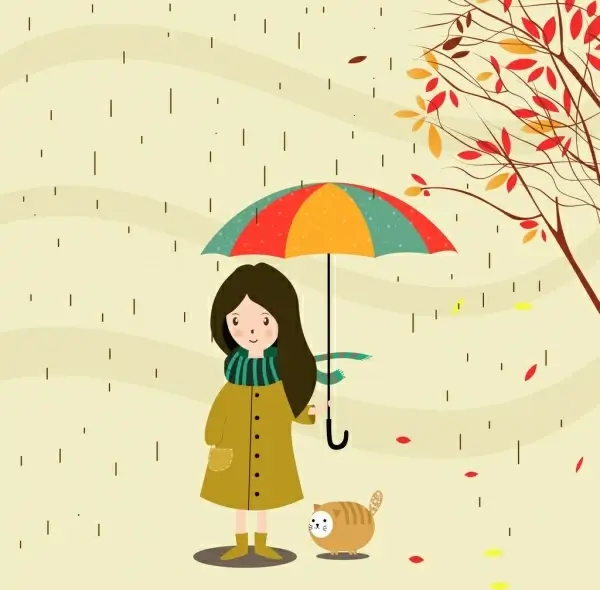 autumn background cartoon manner little girl under rain