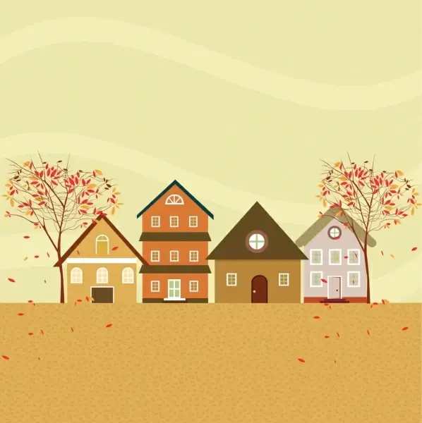 autumn background colorful houses falling leaves decoration