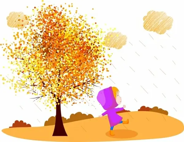 autumn background colorful tree playful kid cartoon design