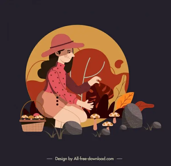 autumn background girl mushroom sketch cartoon design