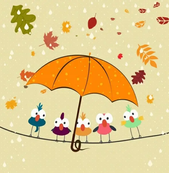 autumn background perching birds falling leaves umbrella icons