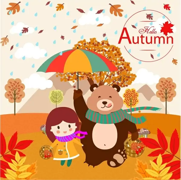 autumn celebration background with girl and bear design