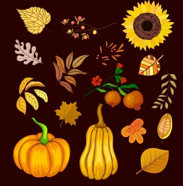 autumn design elements fruits flowers leaves icons